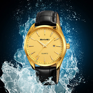 Skmei Men's Quartz Watch Gold Dial Black Leather Strap 30M Waterproof Analog Calendar Business Fashion Watch - Product Image 1