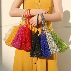 2020summer ins popular new style hollow out fashion women shoulder bag beach bag crystal acrylic beads weave clutch handbag