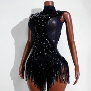 Body Nero Techno Noir con Frange in Spandex/Poliestere per Donna, Ideale per Performance sul Palco, Cantanti e Showgirl - Product Image 5