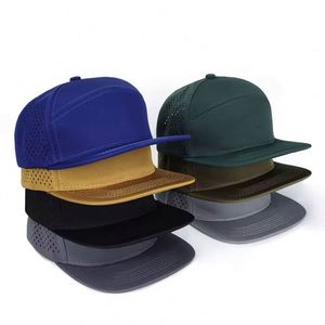 Wholesale Custom 6 Panel <b>Flat</b> Bill Navy Blue Waterproof Structured Embroidery Logo Laser Cut Hole Perforated Snapback Cap <b>Hat</b> - Product Image 4