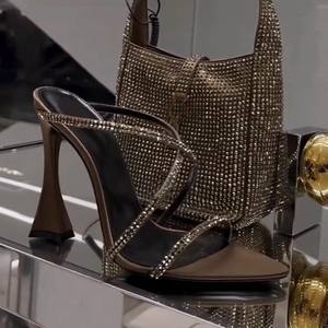 Sandalias sexys de tacón alto con tiras, punta abierta, lazo brillante con pedrería y correa en el tobillo para mujer, de verano. - Product Image 2