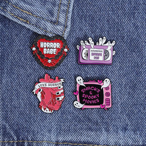 4 Style Pink Ghost Films Monsters Theme Horror Heart Tape Enamel Pins I Love Horror Movies TV Letter Adventure Lovers Badges - Product Image 3