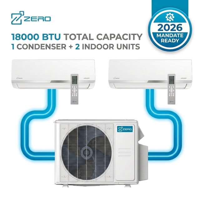 ZERO 18000 BTU Dual Zone Mini Split Heat Pump 18K 2026 Mandate Ready R454B A2L Ductless AC System ETL AHRI for North America