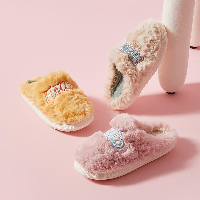 2021 Autumn and Winter New Fashion Home Women Good Morning Greeting HELLO  Pattern Couple Bedroom Shoes Female Fur slippers