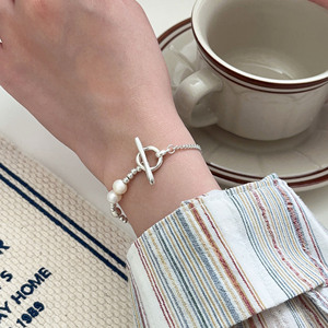 Yinruitai S925 Sterling <b>Silver</b> Natural Pearl Bracelet With <b>Silver</b> <b>Bead</b> Ot Clasp Geometric Design Everyday Wear - Product Image 3