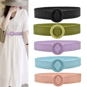 2024 New Trendy Colorful Candy Color Round Buckle Knitted Leather Woven Belt Non Elastic Lady Dress Belt
