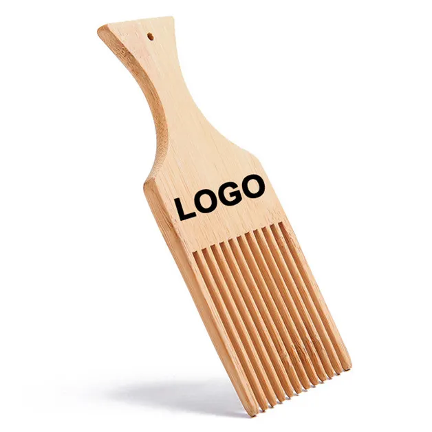 Custom Logo Professional Natural Wooden Bamboo Barber African Afro Wide Pic Detangle Beard Hair Pick Afro Comb