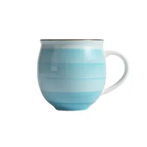 Tivray Custom Sky Blue Color Circle Design Modern Style Ceramic Tea Cups Set Hot Sale Porcelain Coffee Tea Cup with Handgrip