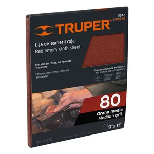 PAQUETE de 25 Hojas de Papel de Lija Rojo, Grano 80, Óxido de Aluminio, TRUPER - Product Image 1