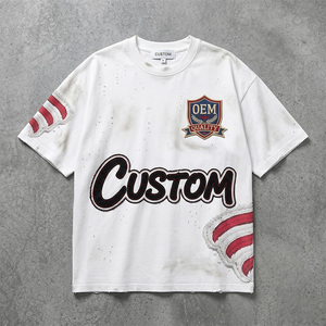 Camiseta Oversize de Algodón 100% con Bordado de Apliques de 430 GSM, Lavado Ácido, Corte Holgado, Hombros Caídos, Estilo Desgastado, OEM Personalizado, Streetwear - Product Image 1