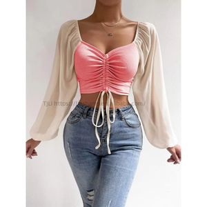 Summer New V-neck Chiffon Drawstring Lantern Sleeve Tight Fashion Sexy Women's Shirt Top Blouse Fashion - Product Image 3