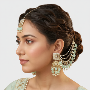 Parure de bijoux traditionnels ethniques vintage pour mariée, boucles d'oreilles pendantes en alliage plaqué or, certifiées par un tiers, avec Maang Tikka assorti, haute qualité - Product Image 2