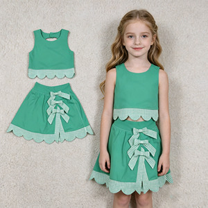 Tenues de sport athlétiques RTS pour petites filles, motif écossais vert, jupes-culottes décontractées à bord festonné, doublure, vêtements de yoga assortis pour sœurs, ensembles 2 pièces en tissu peigné - Product Image 1
