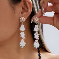 Anting Gantung Halloween Mutiara Berbentuk Jaring Laba-laba Hantu BOO Anting Enamel untuk Wanita Perhiasan Kostum Pesta