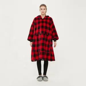 Classical Red Black Checkered Pattern Wearable Cozy Super Warm Oversized Hoodie Blanket Hooded Sweatshirt Snuggie Blanket