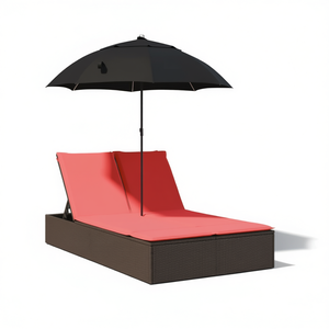 Tumbona Doble Marrón de Poliratán con Cojines y Sombrilla, Muebles de Patio para Exteriores, Diseño Moderno - Product Image 1