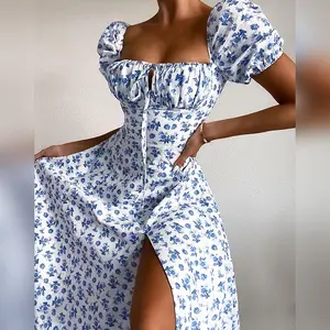 S4099C 핫 세일 여성 블루 빈티지 클래식 꽃 프린트 프론트 슬릿 맥시 드레스 레이디 세련된 여름 드레스 도매 의류