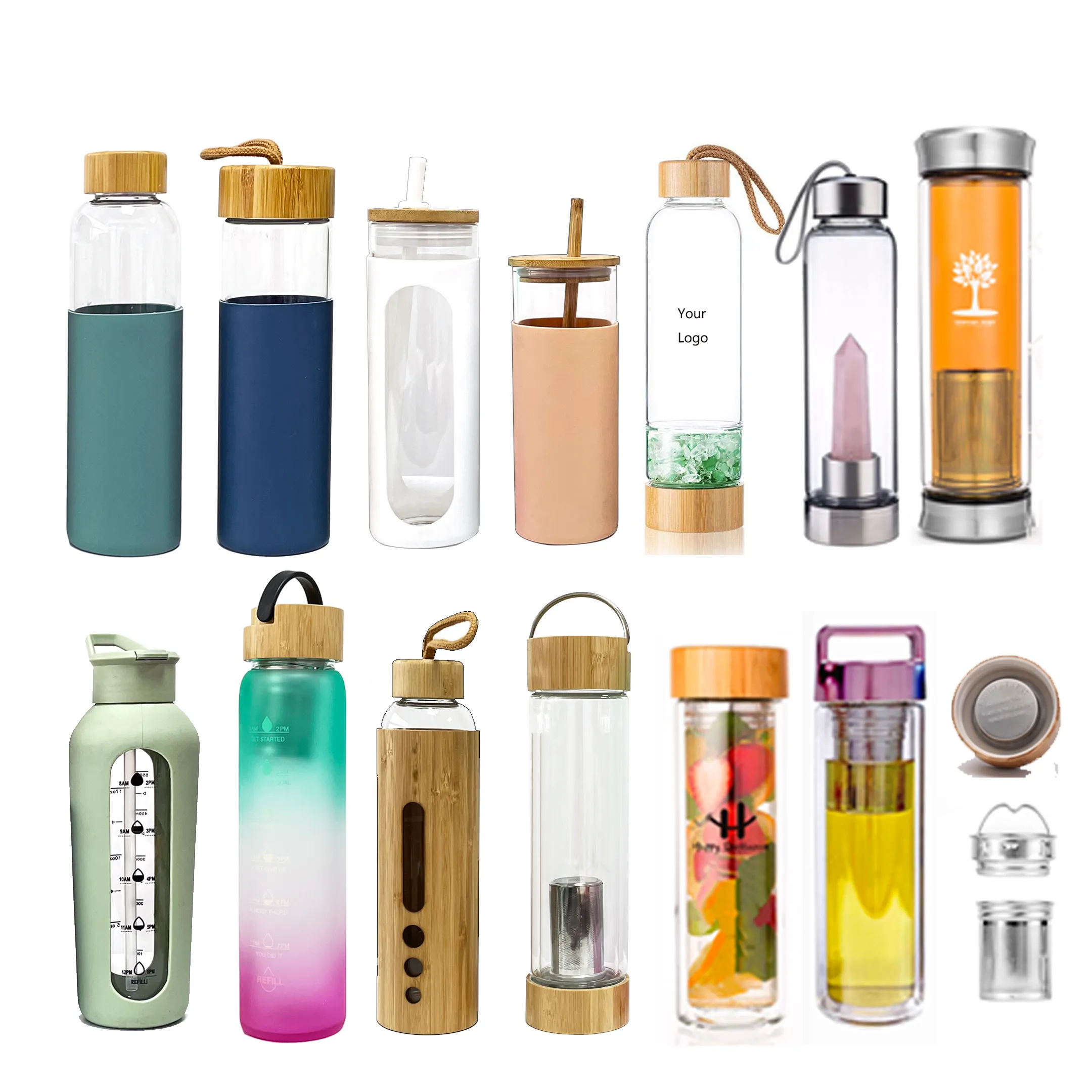450Ml 500Ml Biểu Tượng Tùy Chỉnh BPA Free Boroslicated Glass Trà Trái Cây Ngâm Chai Nước Với Nắp Tre
