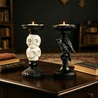 2026 New Halloween Skull Candlestick Holder Resin Raven Gothic Candle Stand Dark Academia Home Decor Tabletop Figurine Ornament