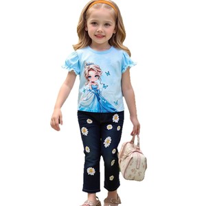 2025 Cross-Border New Casual Kids Girls' Denim Calças Dos Desenhos Animados Impresso T-Shirts 2 Peças Crianças Vestuário Set - Product Image 6