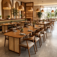 Table de salle à manger pour restaurant, café, hôtel, plateau en bois foncé avec base en panneaux tissés et support stable en barre transversale