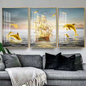 Arte moderna di lusso <span class=keywords><strong>vela</strong></span> delfino pittura decorativa Nordic Golden barca a <span class=keywords><strong>vela</strong></span> paesaggio poster e stampe incorniciate Wall Art - Product Image 3
