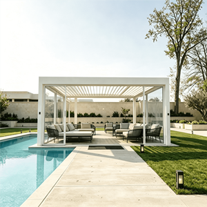 Pergola bioclimatique en aluminium avec toit à lames motorisées et envergure entièrement vitrée, finition thermolaquée, gazebo de luxe pour bord de piscine, idéal pour les complexes hôteliers - Product Image 1