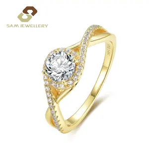 Perhiasan terisi emas zirkon potongan brilian bulat cincin pernikahan pertunangan wanita empat cakar cincin mosaik dalam 14K emas