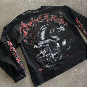 QD2163 T-shirt streetwear personnalisé avec logo, coton, délavage acide, t-shirt surdimensionné, faux deux pièces, double couche, manches longues, pour hommes - Product Image 5