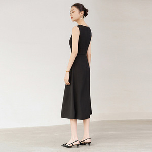 Apricot O-Neck Sleeveless Vest Dress Mid-Length Tight Waist Simple Office Casual Dress - Product Image 4