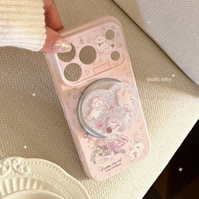 Relief Cartoon Cute Cat Phone Case with Love Heart Stand for iphone 17 Pro Max Girls Phone Case for iphone 11 12 13 15 16 Plus