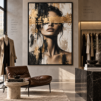 Peinture sur toile texturée Portrait Femme Masque d'Or, Art Mural Moderne Noir Beige pour Hôtel, Chambre, Bureau, Salon