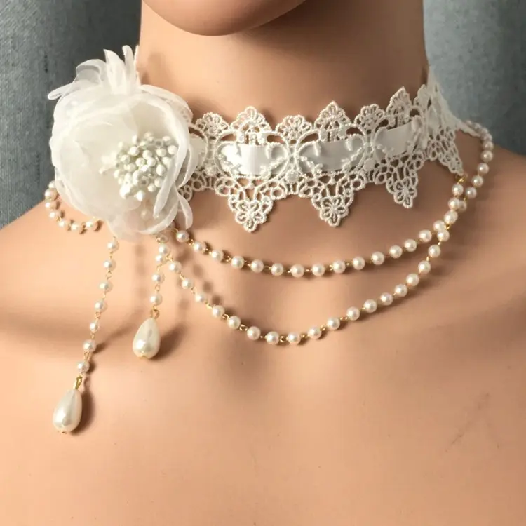 Kalung Renda Wanita Gotik, Kerah Bunga Choker, Kalung Rumbai