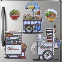 Magnets de réfrigérateur personnalisés style vietnamien : Collection de chariots traditionnels de fruits, poulet, riz collant et banh mi