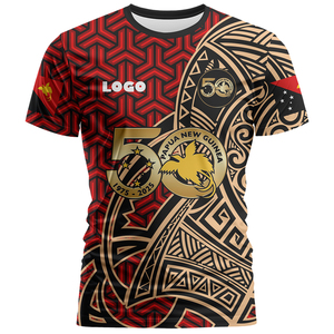 เสื้อยืดพิมพ์ลายแบบซับลิเมชั่นเต็มตัว ลายฉลองครบรอบ 50 ปี ปาปัวนิวกินี ลายกลองชนเผ่าและหอก เสื้อยืดสำหรับผู้ชายและผู้หญิง - Product Image 1