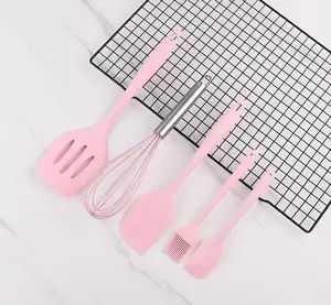 Conjunto de 5 peças de utensílios de cozinha de silicone, raspador, espátula, escova de óleo, colher de cozinha, colher de cozinha, caixa colorida, 5 unidades