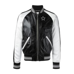 Blouson aviateur personnalisable en faux cuir et satin souple noir blanc 2 tons veste pour garçons - Product Image 1