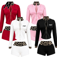 Ensemble sportif décontracté pour femmes Milady avec logo personnalisé, imprimé léopard, veste à fermeture éclair à manches longues, short taille haute, ensemble deux pièces