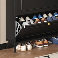 Meuble à chaussures en bois noir ultra-fin de style rétro, meuble d'entrée, petit meuble étroit intégré mural