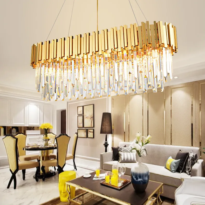 Modern Gold Metal Rectangle Crystal Pendant Lighting Chandelier Modern For The Dining Room