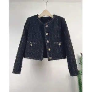 Black little fragrance coat short 2024 new spring and autumn thin tweed long sleeve top jackets for women