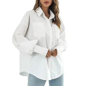 فانوس كم طويل قمصان للنساء بلون أبيض أسود ملابس عصرية فضفاض المتضخم Blusas الإناث جيوب بسيطة قميص