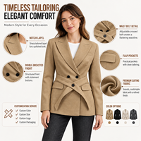 Blazer kaki uni pour femme en tissu peigné respirant, veste à manches longues croisée avec fermeture boutonnée et ceinture, coupe droite