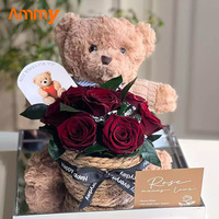 AM-PFE95 Boîte à fleurs en acrylique avec ours en peluche Ammy, décoration d'intérieur, cadeau de fête pour Noël, Halloween, Saint-Valentin