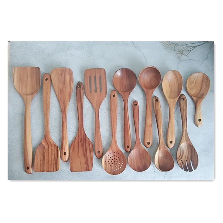 Wooden Kitchen Utensils Set Non-stick Pan Gift Wooden Spoons for Cooking Utensils Natural Teak Wooden Spoons