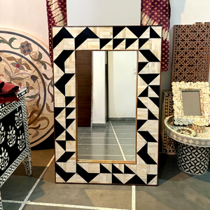 Handmade Eco-Friendly <b>Lightweight</b> Bohemian Bone Inlay Customized Shape Wall <b>Mirror</b> Black White Geometric Pattern Framed <b>Mirror</b> - Product Image 1