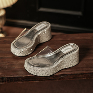 528A Women's <b>Wedges</b> <b>Sandals</b> Open Toe <b>Platform</b> PVC Lining Rhinestones Height Increasing Slip-On Summer Shoes - Product Image 1