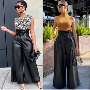 Streetwear Black Waistband High Waist Pu Faux Leather Ladies Wide Leg Pants Loose Women Trouser With Zipper