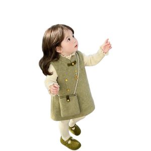 Tongxingyuan Baby Girls Traditional Chinese Style Vest Dress New Year Occasion Green Wool Blend With Pocket And Chain Bag - Product Image 5