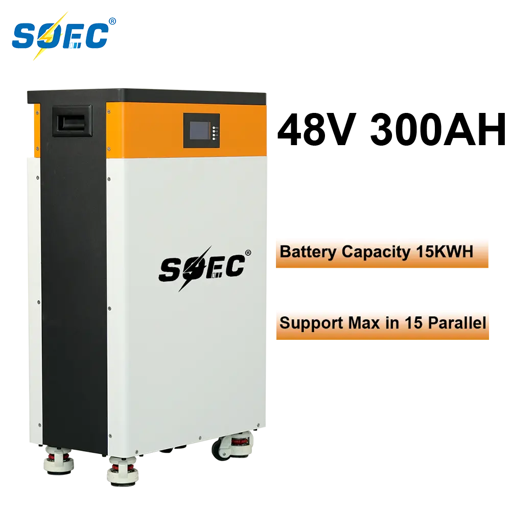 SOEC 6000 döngüsü Off-grid güneş sistemi 15KWh lityum LifePO4 pil BMS ile 48V 51.2V 300Ah güç duvar